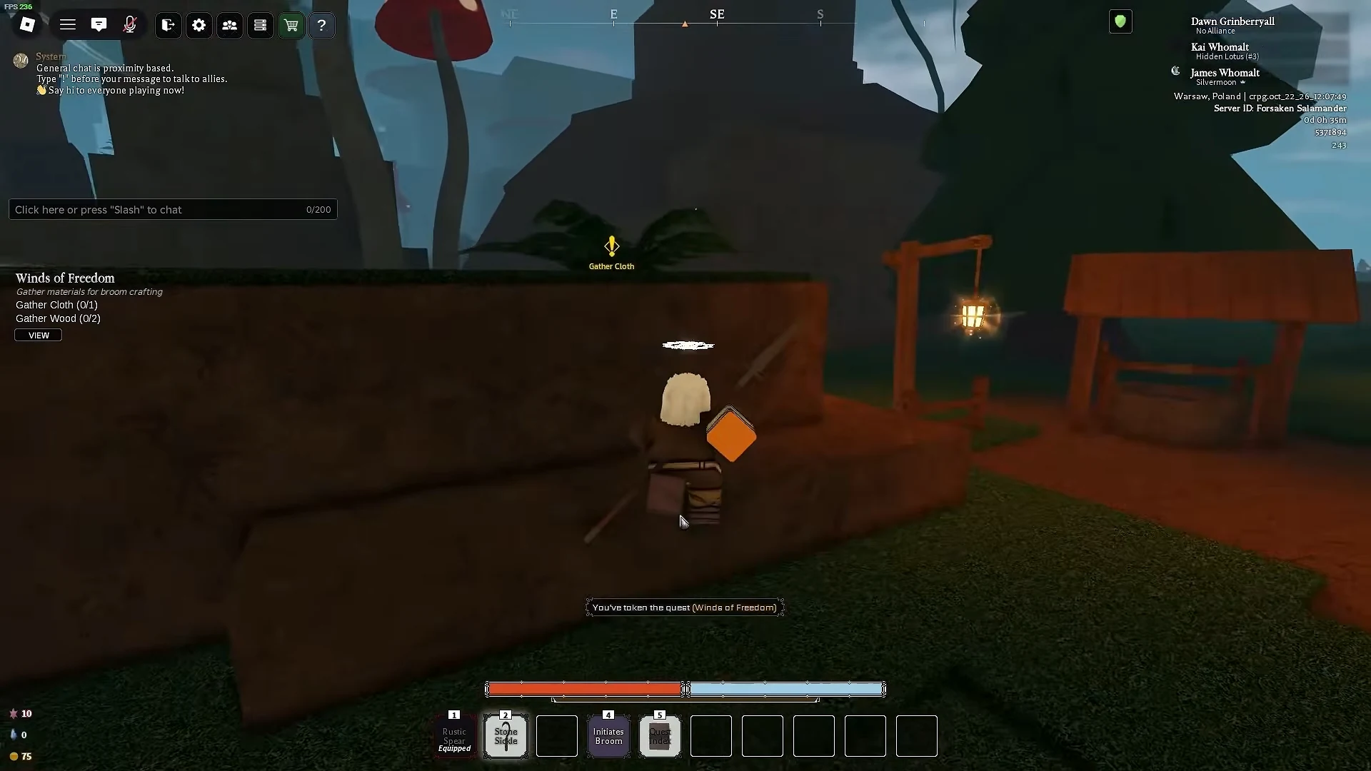 Winds of Freedom quest showing Gather Cloth 0/1 and Gather Wood 0/2