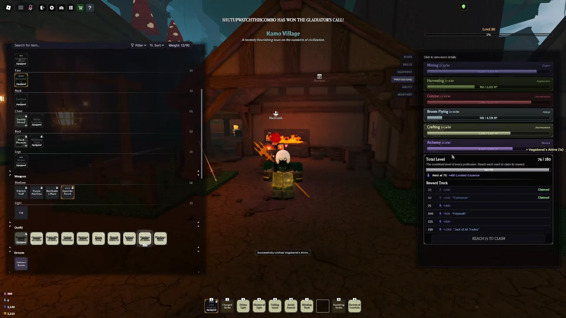 Crafting Level 14 showing 2208 of 3241 XP with Vagabond’s Attire successfully crafted