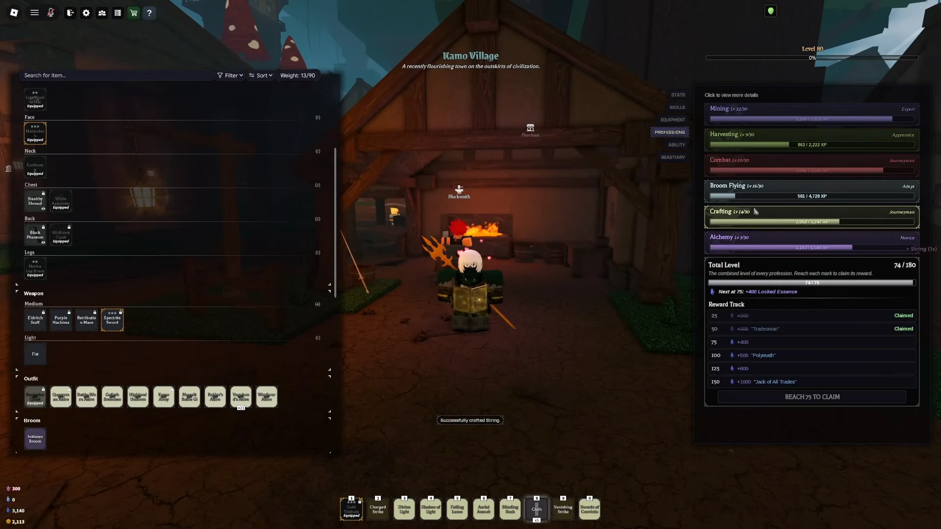 Crafting Level 14 showing 2058 of 3241 XP before the outfit craft