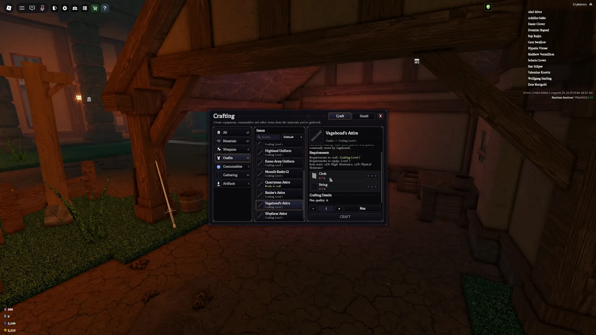 Vagabond’s Attire recipe showing Crafting Level 1, five Cloth and two String