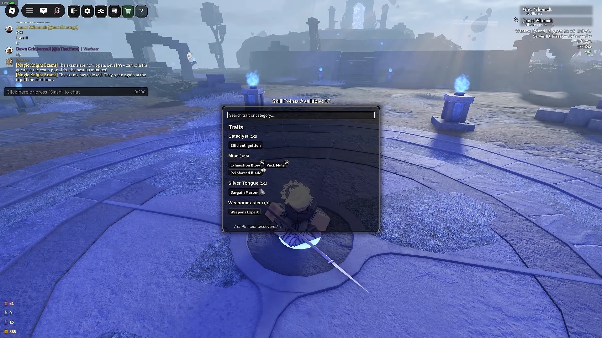 Inner Realm trait list showing discovered traits and available Skill Points