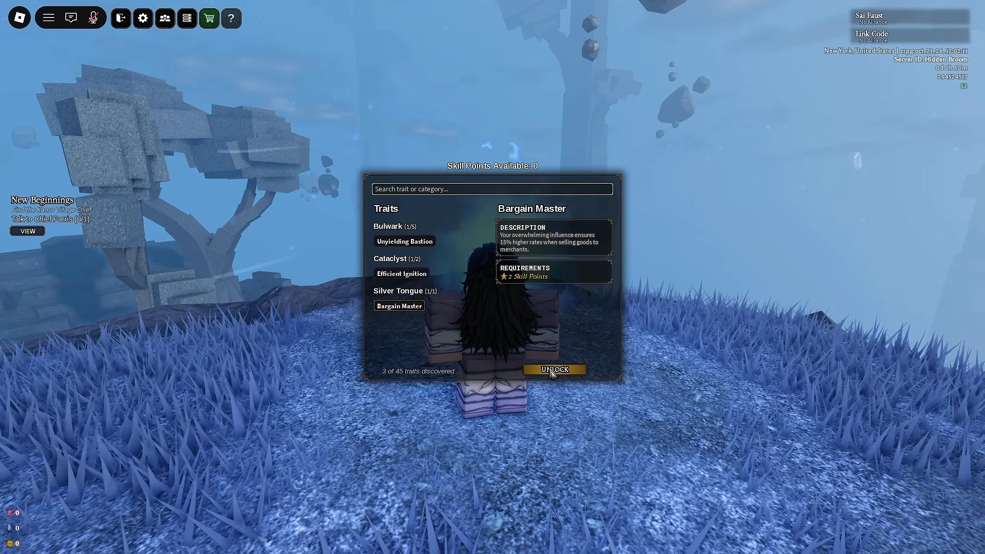 Bargain Master requirements panel with Unlock button and zero available Skill Points