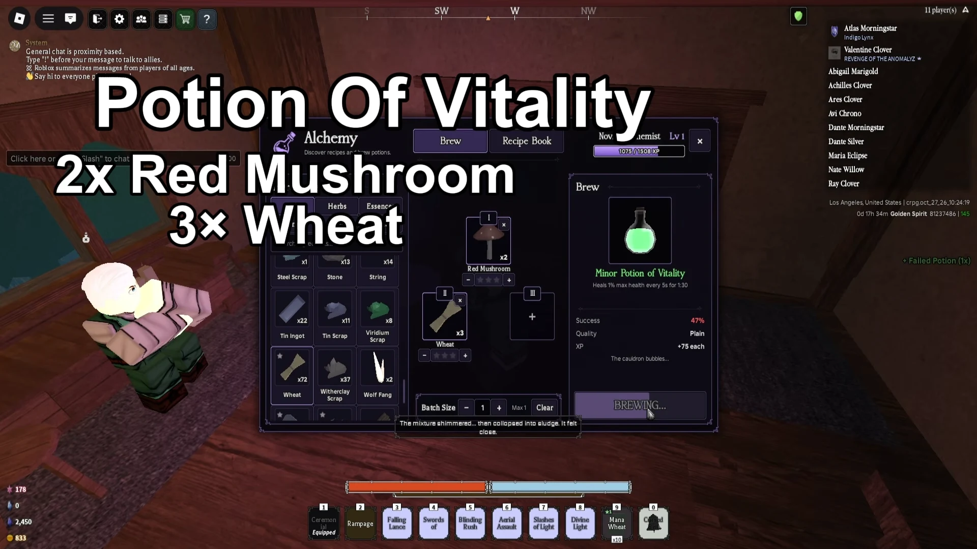 Alchemy interface with two Red Mushrooms and three Wheat identifying Minor Potion of Vitality