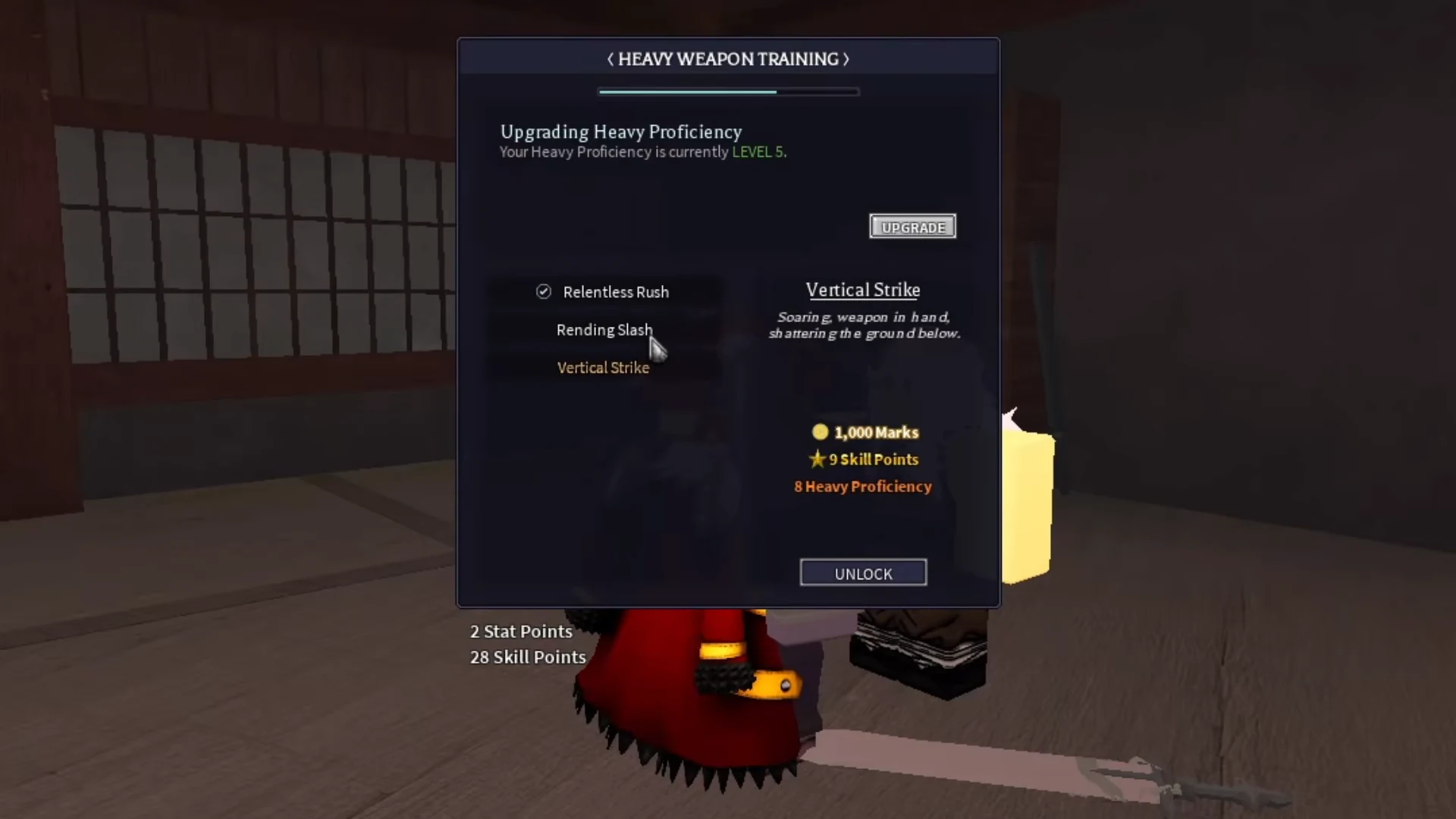 Vertical Strike requirements beside the Heavy Weapon Training skill list