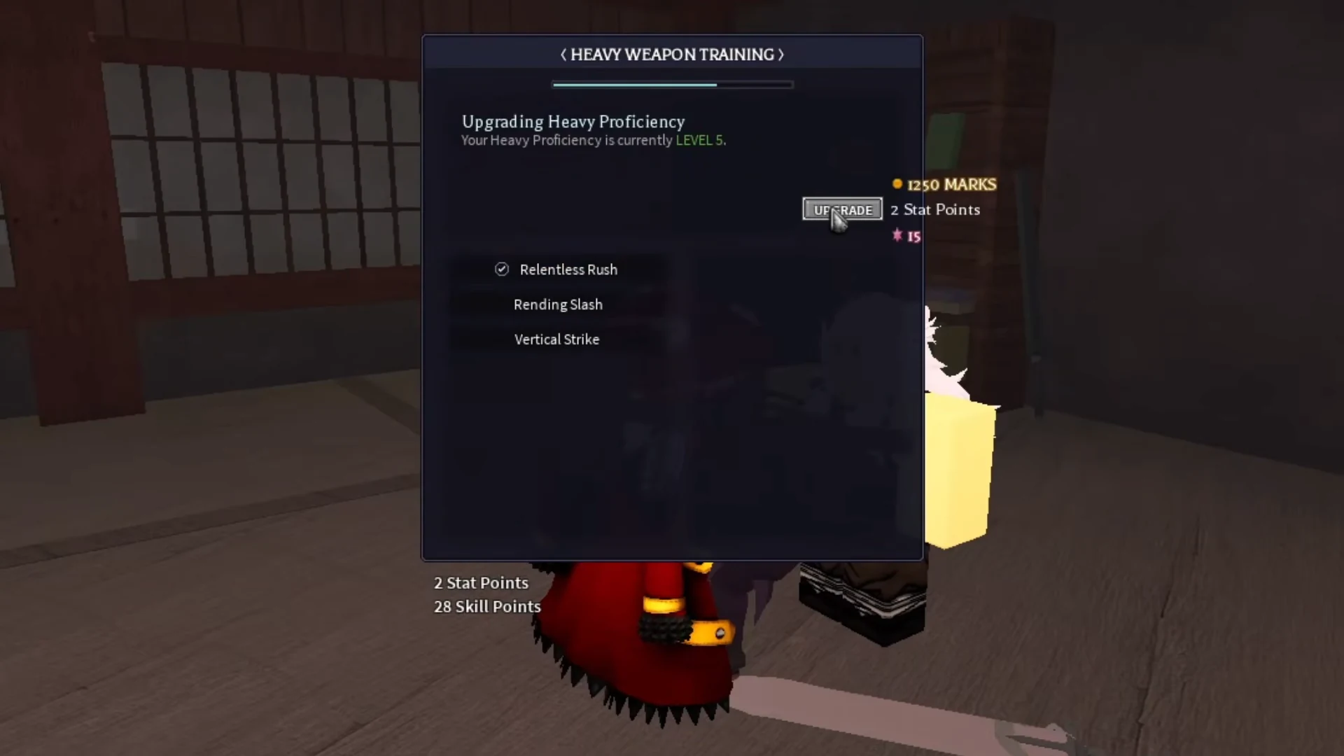 Heavy Weapon Training panel with a separate Upgrade button and upgrade requirements